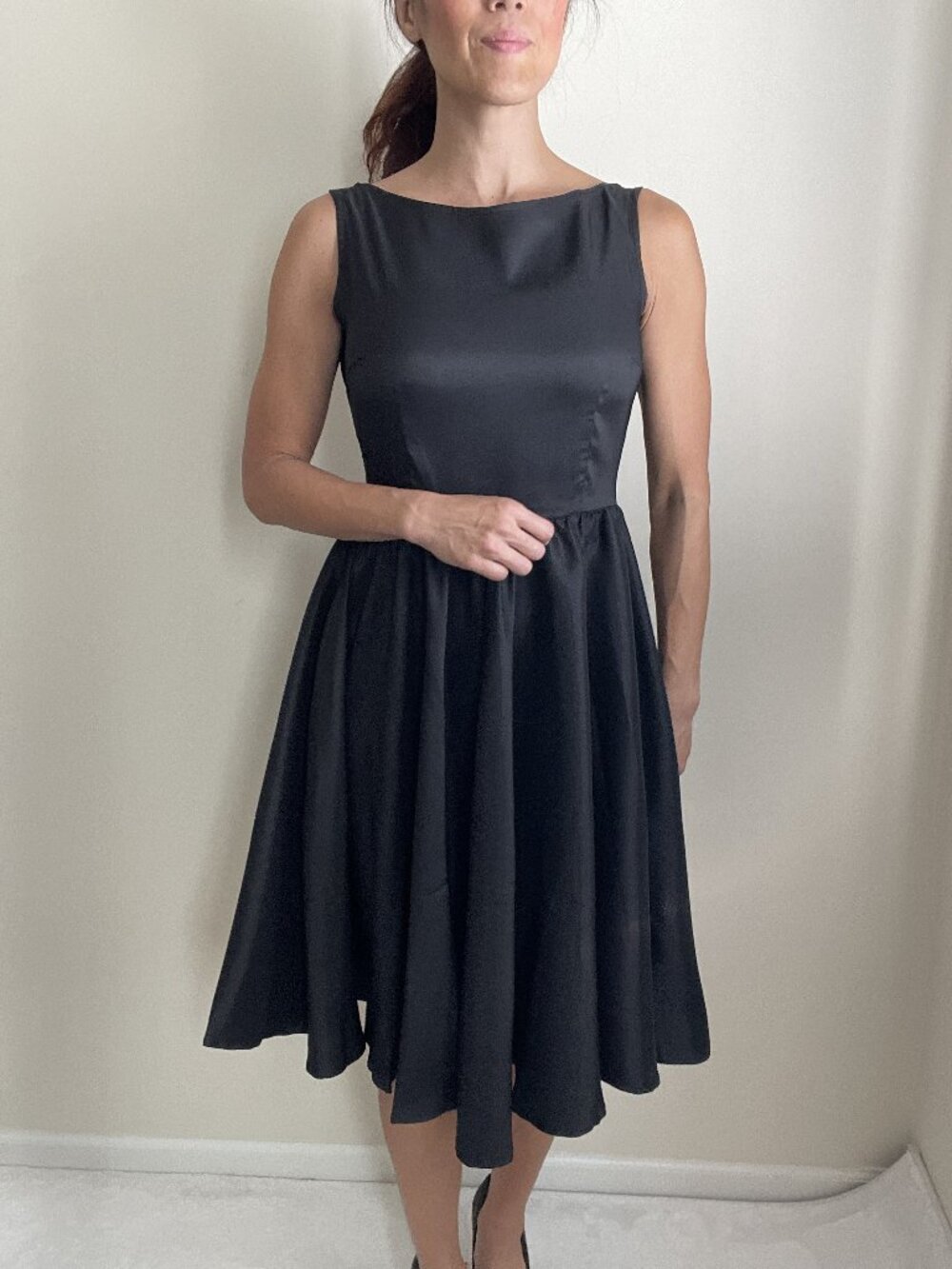 Black Satin Cocktail Dress Fit & Flare Swing Wedding Guest LBD Size 4